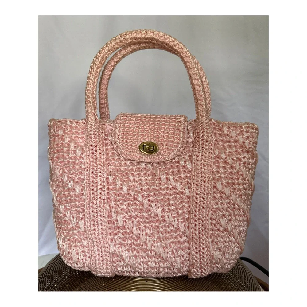 Barbiecore Vintage Pink Straw Handbag Pretty in Pink Made in Japan Turn Lock Bag